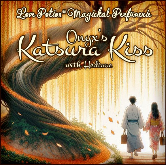 Onyx’s Katsura Kiss with Hedione pheromones smells sweet and earthy. Label shows a couple in an autumn Japanese forest.