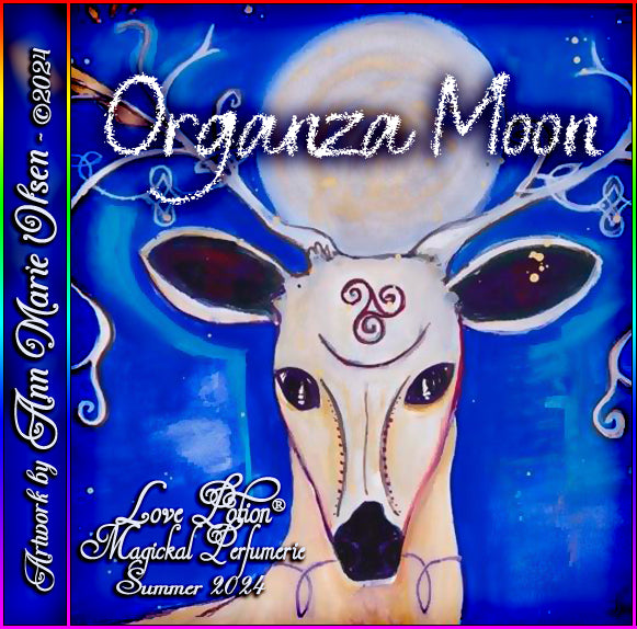 Organza Moon clean perfume brings jasmine, freesia, and magnolia together with cotton. Label features a deer and moon.