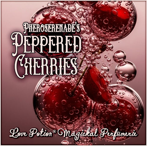 Pepper Cherries perfume smells like boozy, spiced cherries on vanilla pudding. The label art shows cherries in water bubbles.