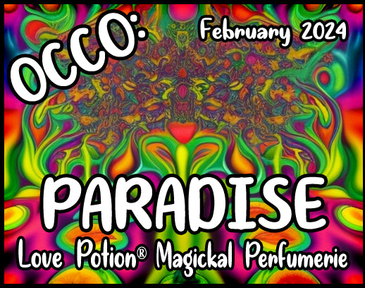 OCCO Paradise has copulin pheromones and a coconut, tropical vanilla musk fragrance. Label shows a rainbow tree.