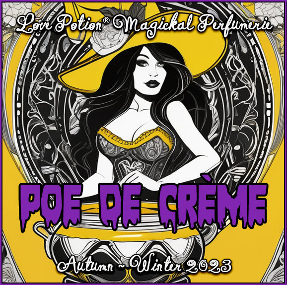 Poe de Crème clean perfume smells like boozy, chocolaty, pot de creme desert. Label shows witch in front of a cauldron.