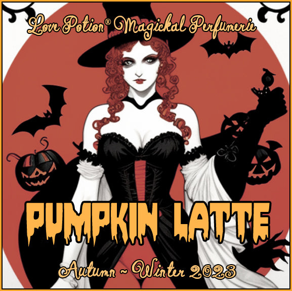 Pumpkin Latte clean perfume smells like a pumpkin spice latte. Label shows a witch with jack-o-lanterns and bats.