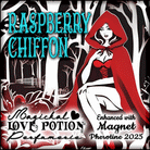 Raspberry Chiffon fruity desert fragrance for women with magnet pheromones. Label features a young woman in a red hood.