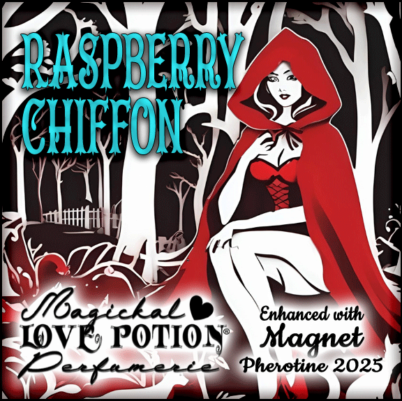 Raspberry Chiffon fruity desert fragrance for women with magnet pheromones. Label features a young woman in a red hood.