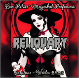 Reliquary clean perfume smells of candied apple and sandalwood. Label shows a witch in black and red.