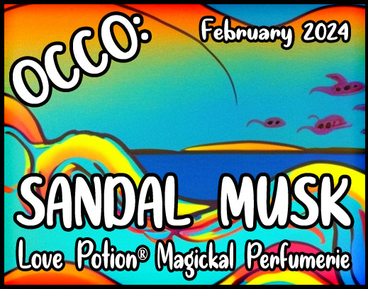 OCCO Sandal Musk has copulin pheromones and a vanilla sandalwood musky fragrance. Label shows a rainbow beach.