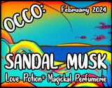 OCCO Sandal Musk has copulin pheromones and a vanilla sandalwood musky fragrance. Label shows a rainbow beach.