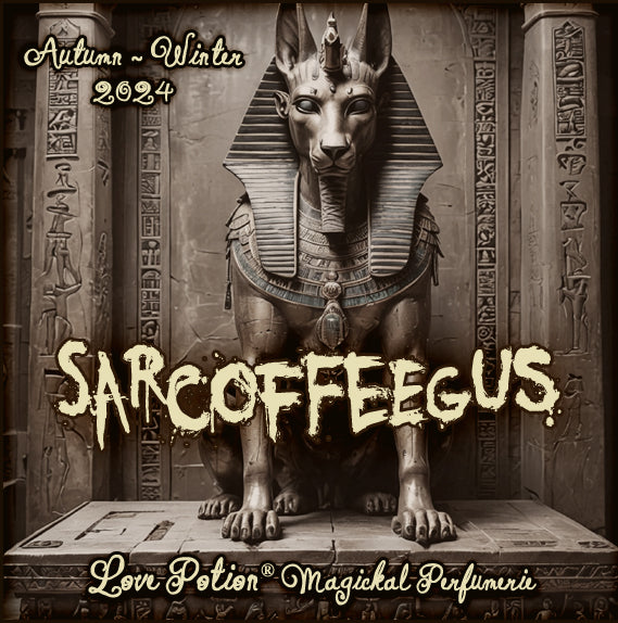 Sarcoffeegus clean perfume smells of a gothic New England coffee shop. Label shows a statue in Egyptian ruins.