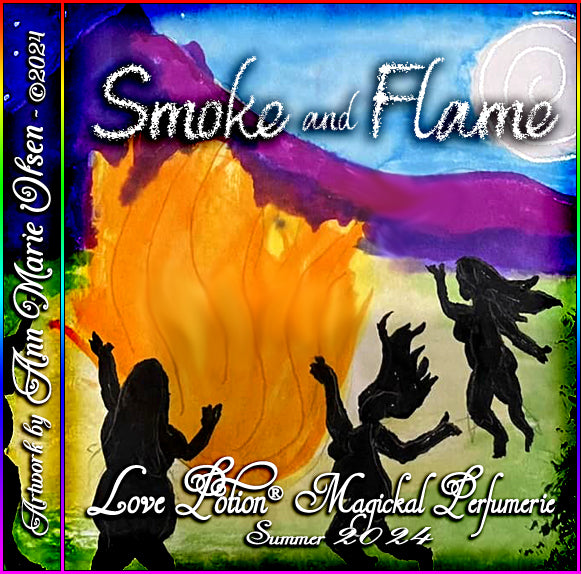Smoke and Flame clean perfume smells of smoked spices. Label shows women dancing around a summer bonfire.