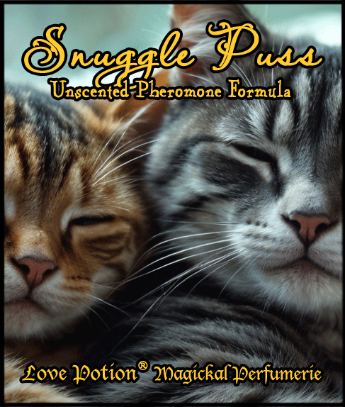 Snuggle Puss pheromone mix of Androstadienone, Estatetraenol, and Copulins. Label features happy pussy cats.