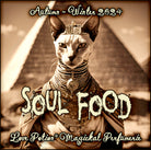 Soul Food clean perfume smells of a spicy, resinous temple. Label shows a decorated cat in front of an Egyptian pyramid.