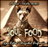 Soul Food clean perfume smells of a spicy, resinous temple. Label shows a decorated cat in front of an Egyptian pyramid.