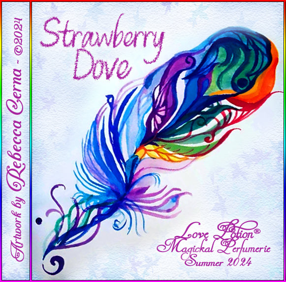 Strawberry Dove clean perfume is a sweet and creamy fruity summer floral. Label shows a rainbow feather.