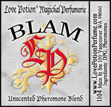 BLAM unscented pheromone forumla for women in a trial bottle size. Label shows Love Potion logo on aged paper.