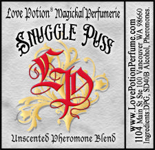 Snuggle Puss unscented pheromone blend for snuggling, cuddling, and intimacy. Label features our logo.
