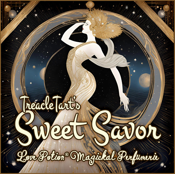 TreacleTart’s Sweet Savor is a fruity floral custom perfume that exudes self-satisfaction. Label shows an elegant woman.