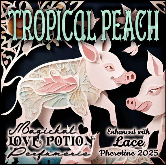 Tropical Peach fruity, flowery fragrance with lace pheromone blend for an exotic allure. Label features cute, pink pigs.