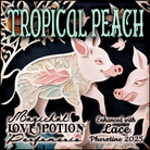 Tropical Peach fruity, flowery fragrance with lace pheromone blend for an exotic allure. Label features cute, pink pigs.