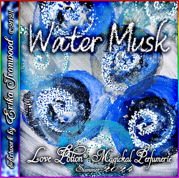 Water Musk clean perfume combines green musk with refreshing aloe, bamboo, and coconut water. Label shows blue swirls.