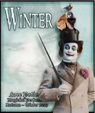 Winter clean perfume focuses on frosty forest scents. The label features a whimsical man with a cane, lemur, and pigeon.