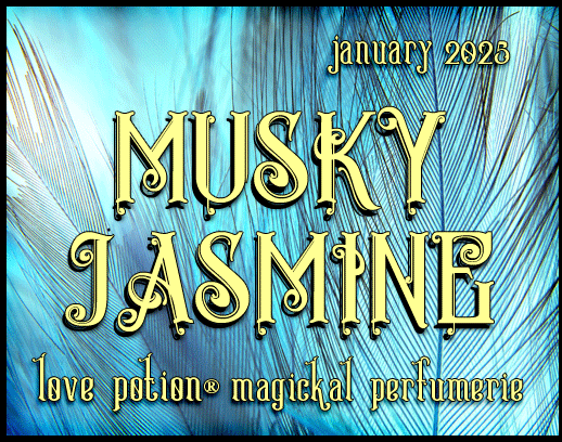 Musky Jasmine layerable perfume by Love Potion. Label shows feathers in blue light.