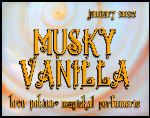 Musky Vanilla layerable perfume by Love Potion. Label shows golden swirls.
