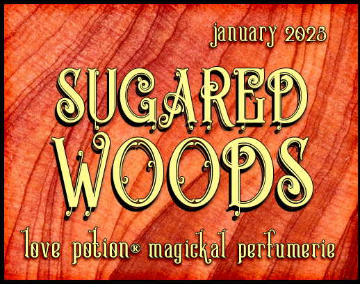 Sugared Woods layerable perfume by Love Potion. Label shows red wood grain.