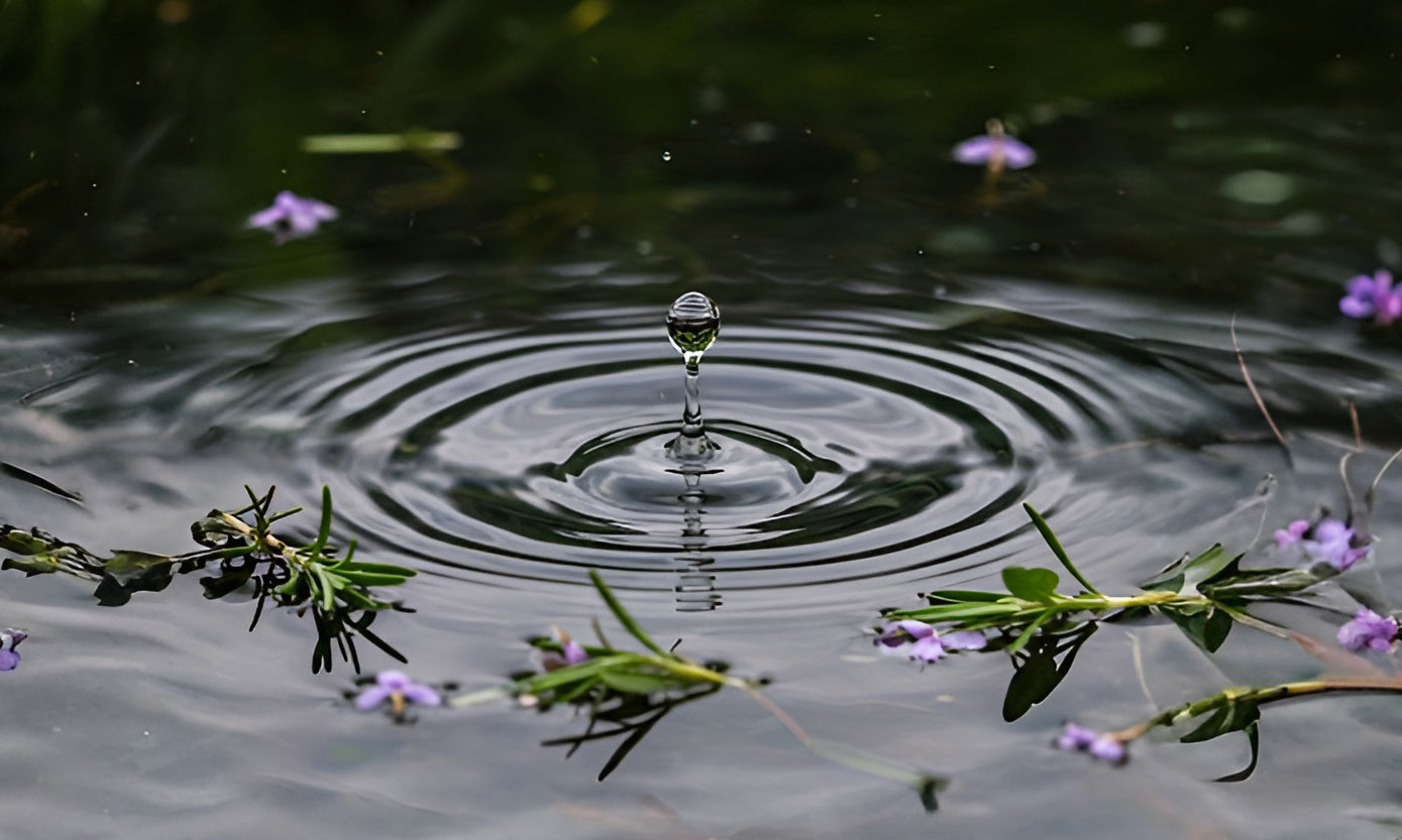 Water drops into a body of water surrounded by herbs and flowers