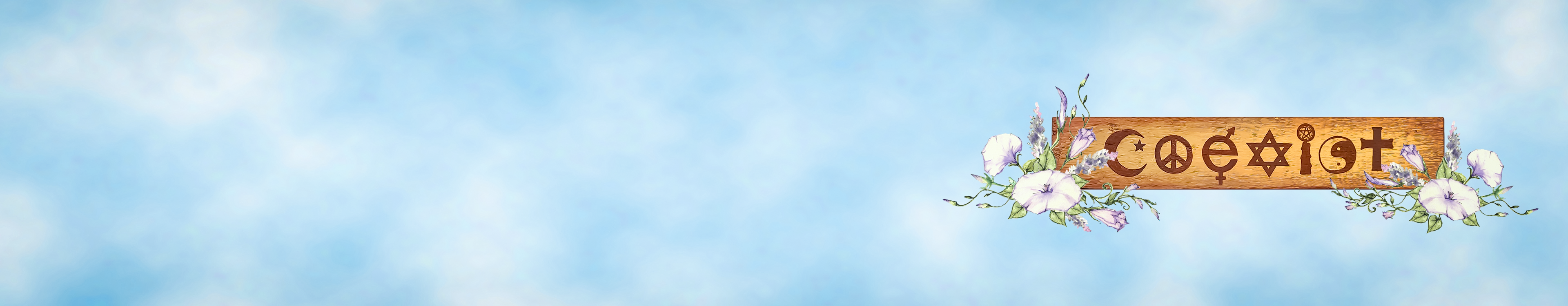 Banner for Coexist with the store section sign and watercolor flowers against a blue sky with light clouds.