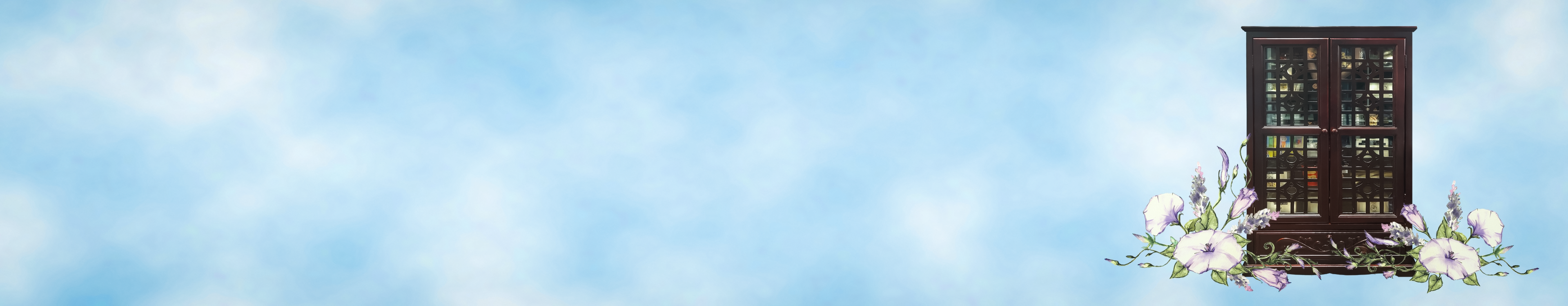 Banner for The Conjure Cabinet with an image of the closed cabinet and watercolor flowers against a blue sky with light clouds.