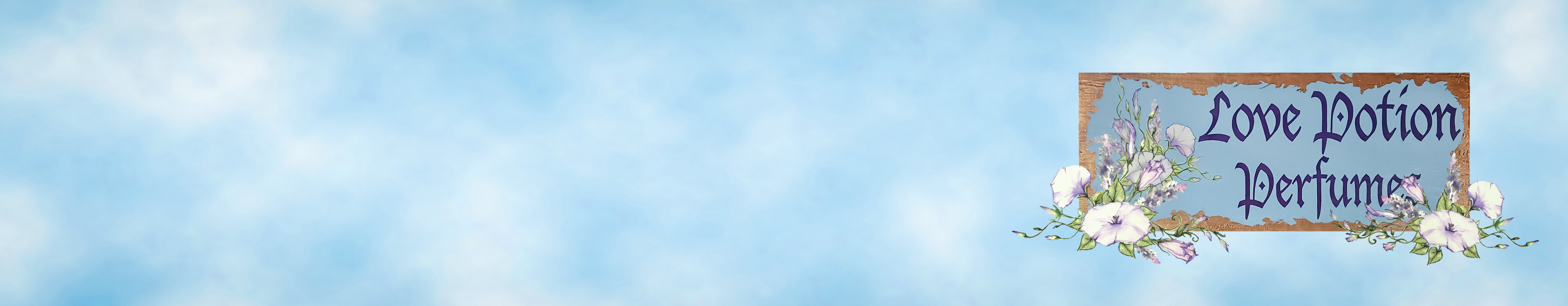 Banner for Love Potion Perfumes with the store section sign and watercolor flowers against a blue sky with light clouds.