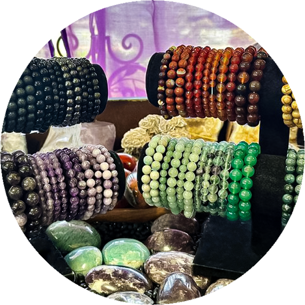 Thumbnail for the jewelry section of our store gallery. Shows bracelets with crystal beads of every color on display.