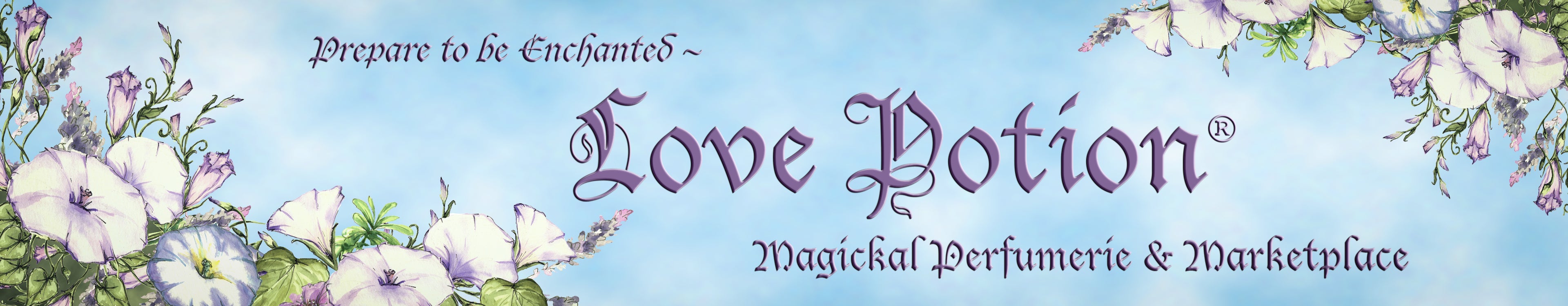 Love Potion Magickal Perfumerie & Marketplace banner featuring clouds, flowers, and the tagline Prepare to be Enchanted