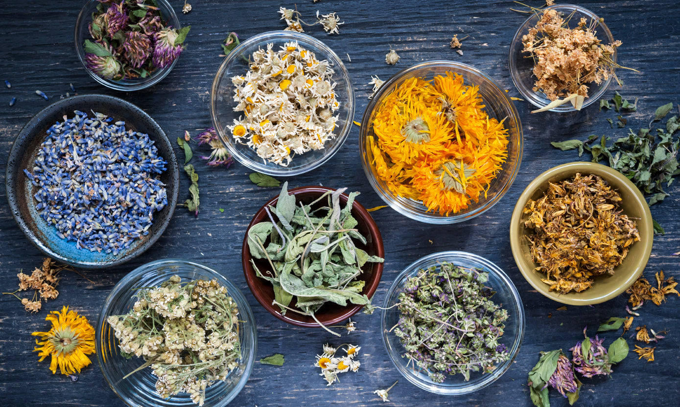 Bowls of various herbs and flowers used to make meaningful, clean perfume