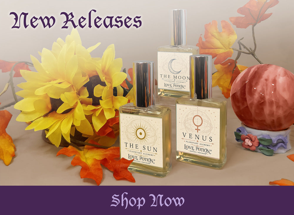 Autumn-scented clean perfumes newly released by Love Potion Magickal Perfumerie with crystals and flowers