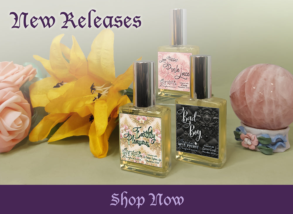 Spring-scented clean perfumes newly released by Love Potion Magickal Perfumerie  with crystals and flowers