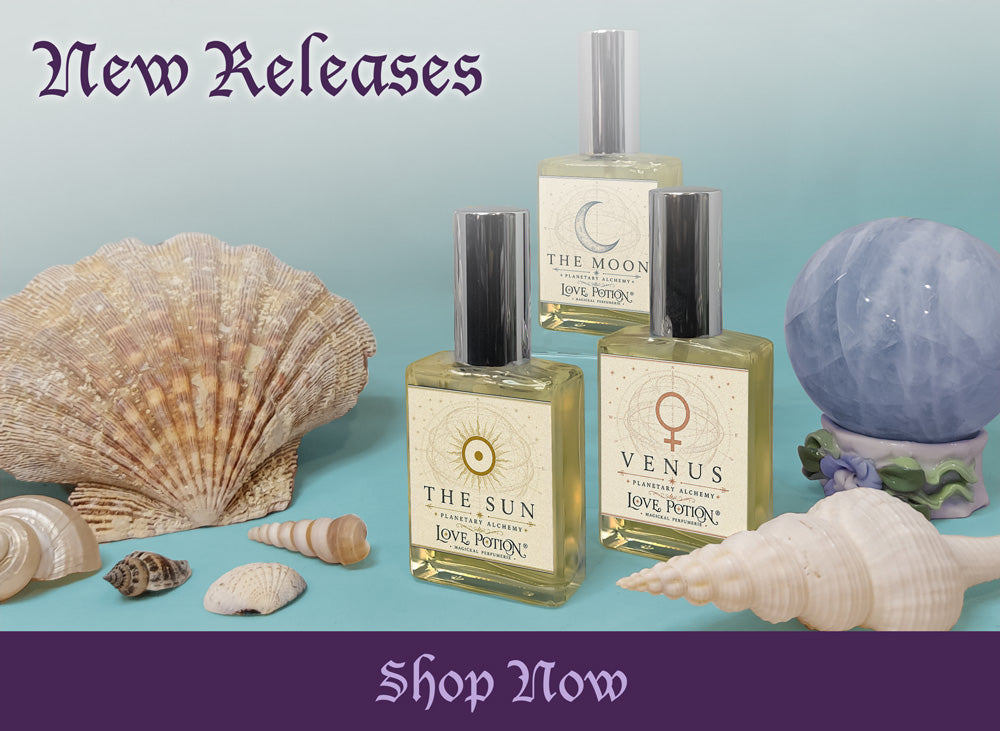 Summer-scented clean perfumes newly released by Love Potion Magickal Perfumerie  with crystals and seashells
