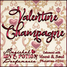 Label for Valentine Champagne – chocolate strawberry & champagne perfume w/ Heart & Soul pheromones – features heart damask.