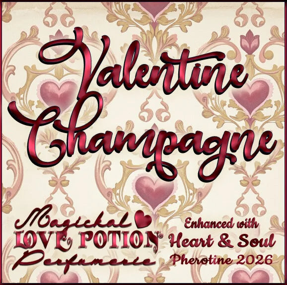 Label for Valentine Champagne – chocolate strawberry & champagne perfume w/ Heart & Soul pheromones – features heart damask.