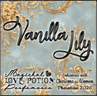 Label for Vanilla Lily – warm, floral, sheer perfume w/ Charisma for Women pheromones – features sea green and gold damask.