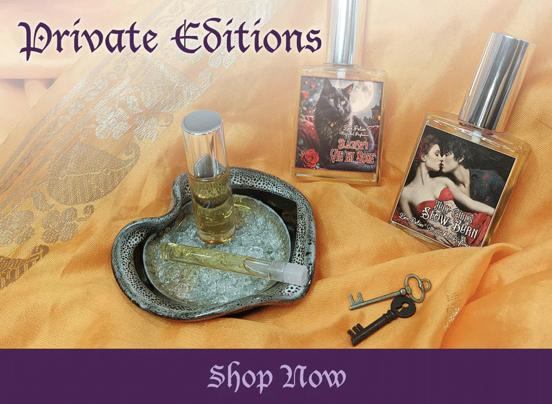Two private edition perfume bottles with labels on a textured surface, with a key, small dish, and the text “Shop Now.”