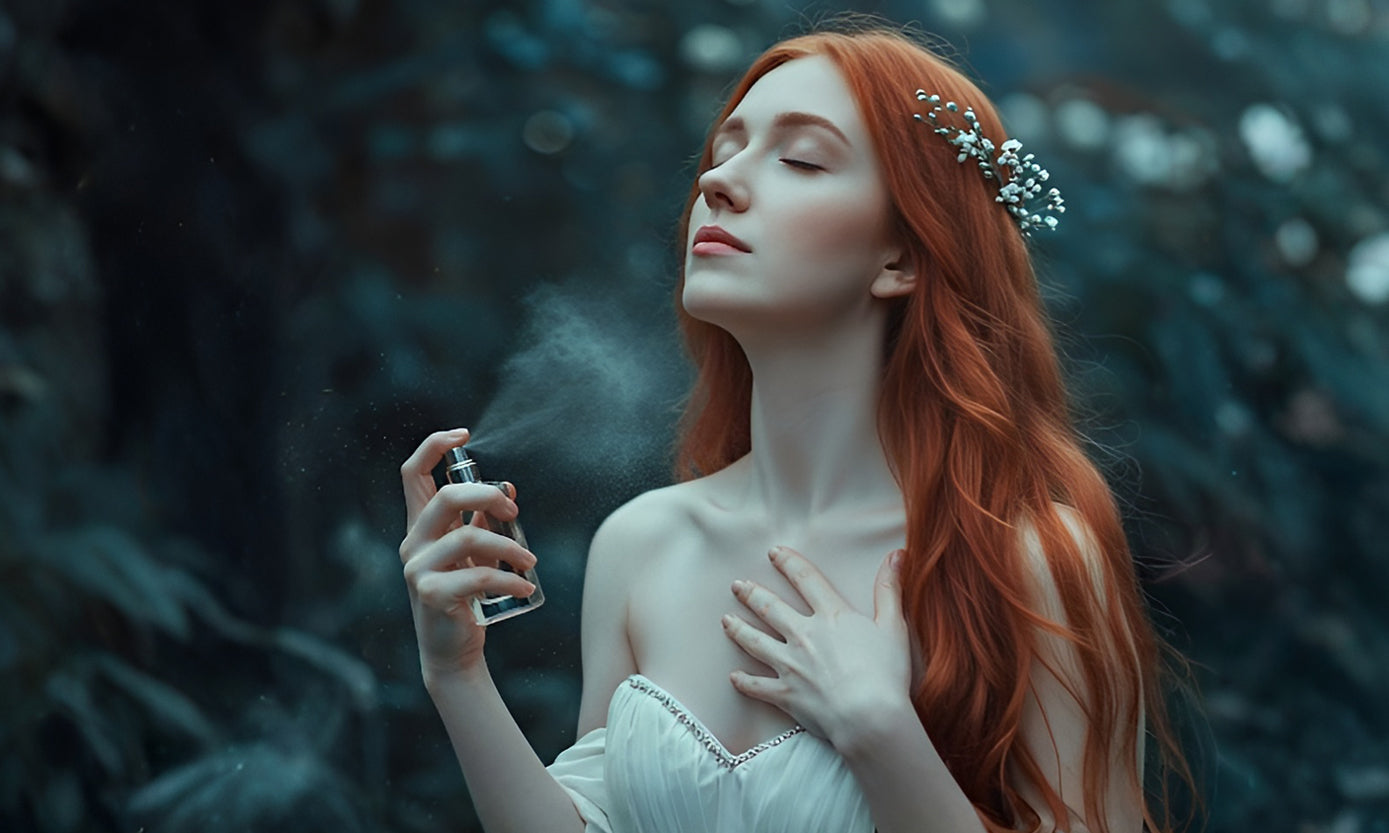 A woman in the woods wearing a wreath of flowers and spraying perfume on her neck with closed eyes.