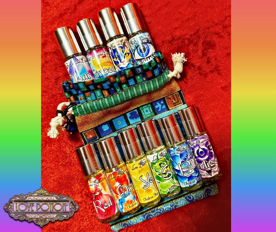 Chakra inspired roll-on oil perfumes for spiritual alignment sold as a 10-pack.