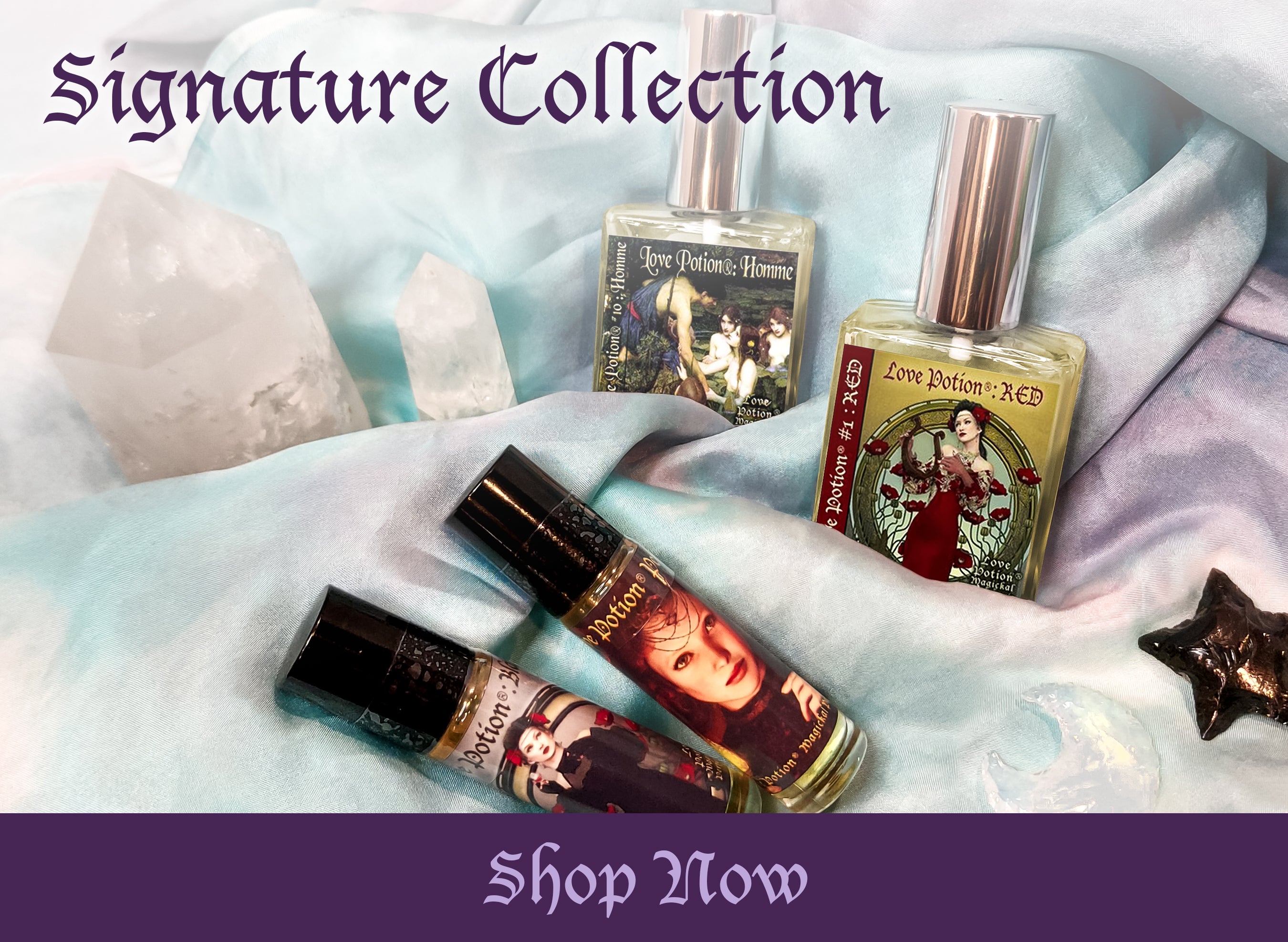 Love Potion Signature clean perfumes displayed with quartz and obsidian