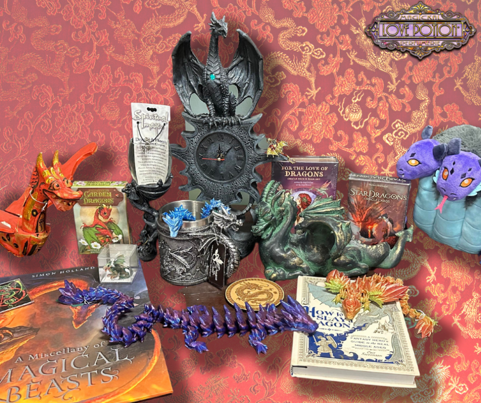 A collection of dragon figurines, jewelry, decorations, and plushies.