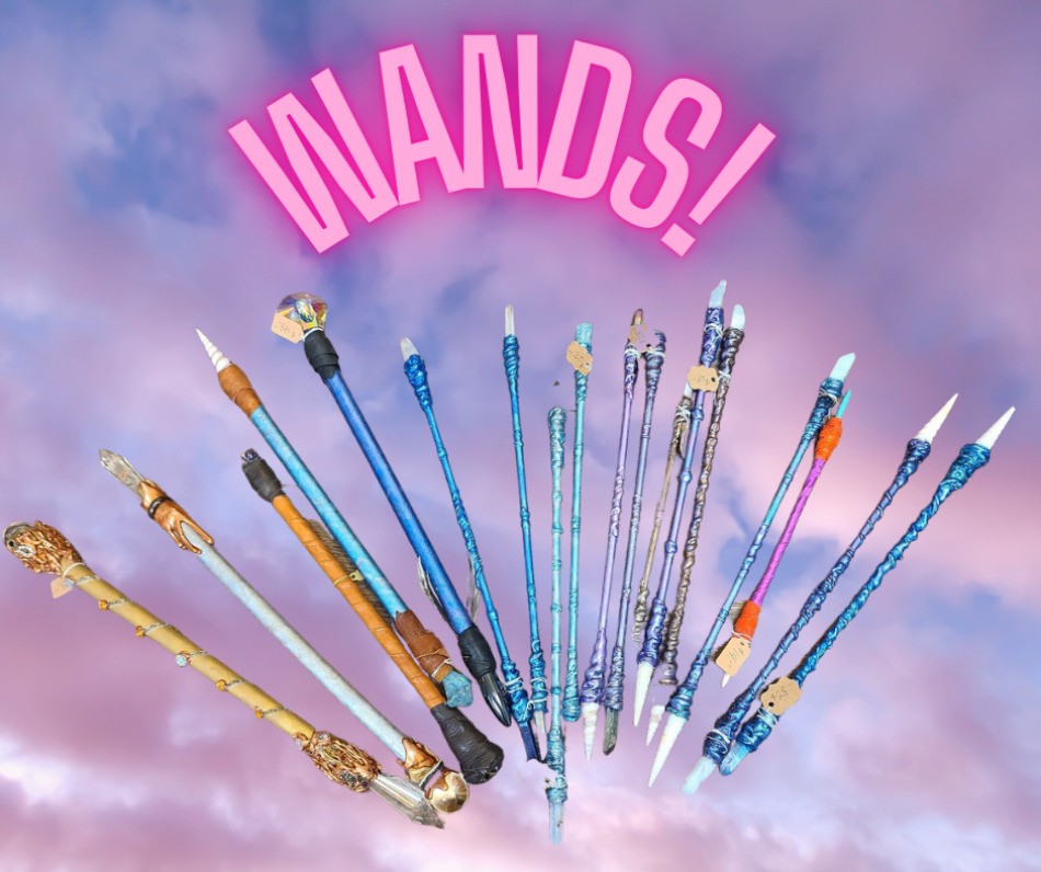 Unique, handcrafted wands that come in a variety of colors and styles, tipped with crystals.