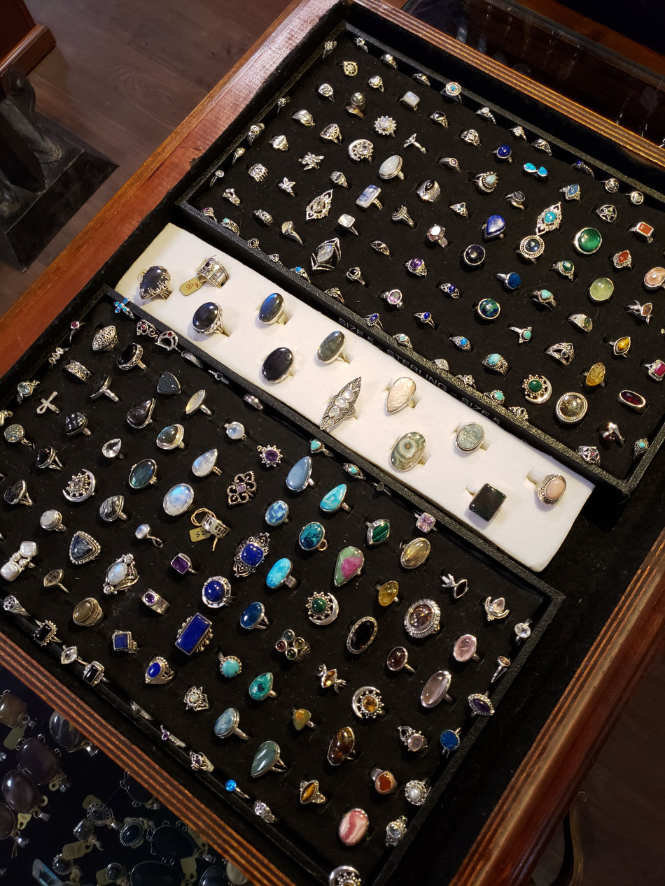 One of our many ring drawers featuring a variety of gemstone rings.