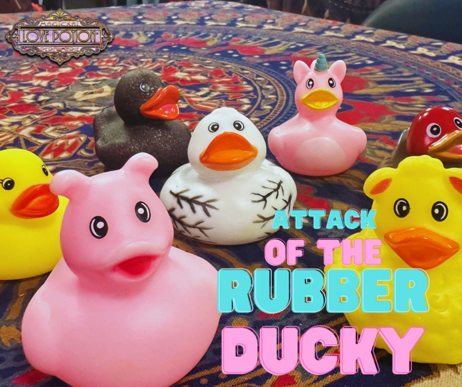 The image displays an assortment of adorable rubber duckies.