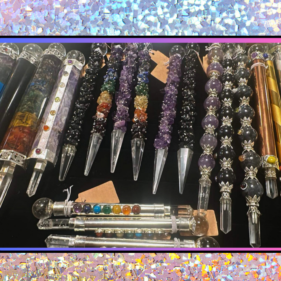 The wands are adorned with beads and wrapped in crystals.