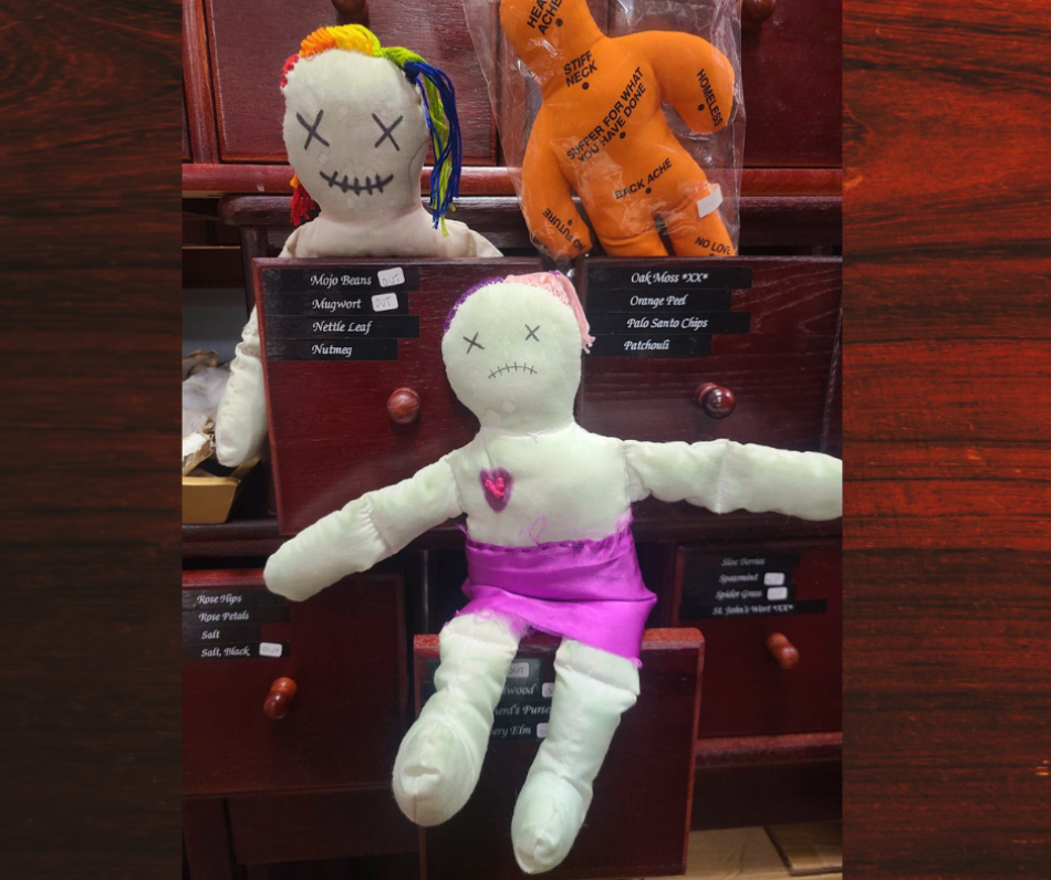 A small selection of our voodoo dolls. We also have handmade dolls and more "To the point" dolls.